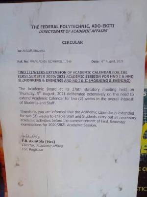 Fed Poly Ado-Ekiti extends 1st semester calendar for 2020/2021 by two weeks