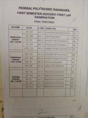 Fed Poly Nasarawa 1st semester examination timetable, 2020/2021