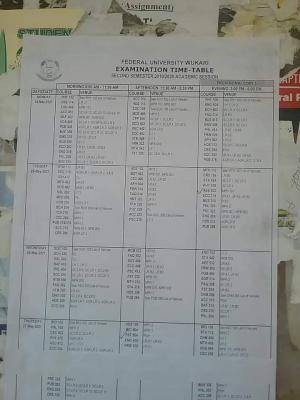 FUWukari 2nd semester exam time-table, 2019/2020