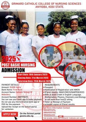 Grimard Catholic College of Nursing Sciences releases Post Basic Nursing admission form - 2025