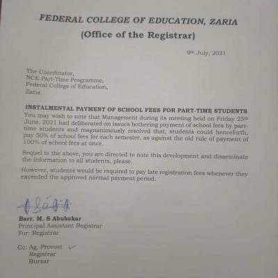 FCE, Zaria notice to Part-time Students on payment of school fees in instalments