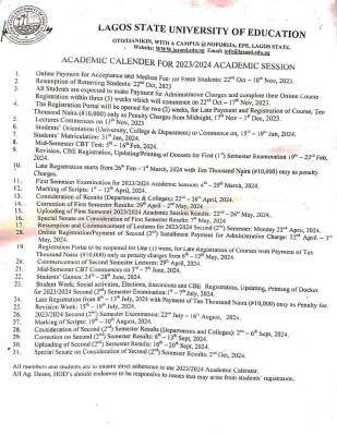 LASUED approved academic calendar, 2023/2024