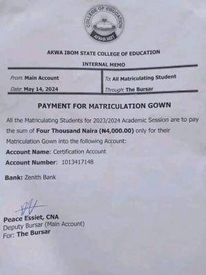 Akwa-Ibom State College of Education notice on payment for matriculation gown