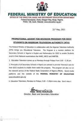 Federal Government announces revision programme for SS3 students