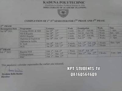 Kaduna State Polytechnic revised academic calendar, 2019/2020