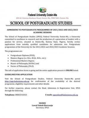 FUDutsin-ma Postgraduate Admission form, 2021/2022 & 2022/2023 academic session