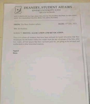 BUK notice on payment of hostel accommodation fee