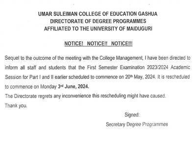 Umar Suleiman COE notice to students on postponement of 1st semester exam, 2023/2024