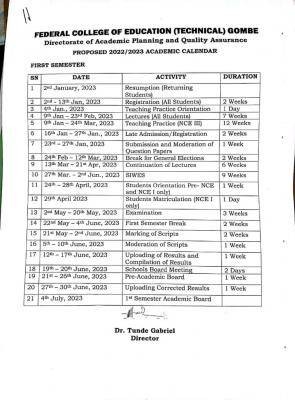 FCET, Gombe proposed academic calendar for first semester 2022/2023 session