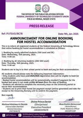 FUTMINNA SUG announces online booking for hostel accommodation