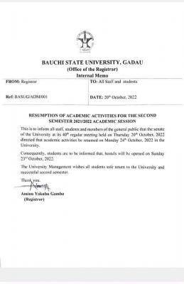 BSU announces resumption of academic activities for 2nd semester, 2021/22