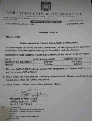 YSU working hours during Ramadan period