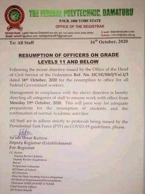 Federal poly Damaturu directs staff on grade 11 and below to resume