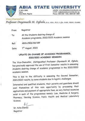 ABSU update on change of academic programmes, 2022/2023