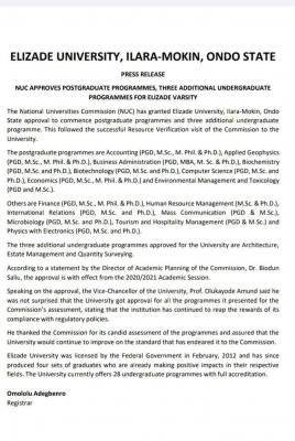 Elizade University gets NUC's approval for postgraduate programmes and 3 undergraduate programmes