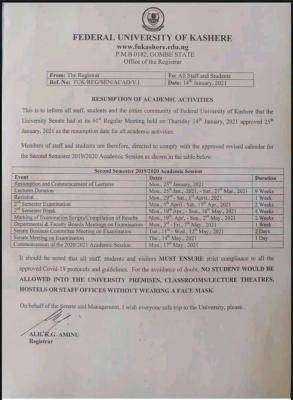 FUKASHERE notice on resumption of academic activities