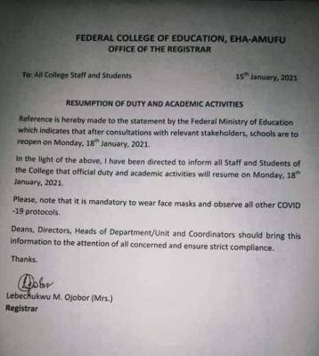 FCE Eha-amufu resumption date