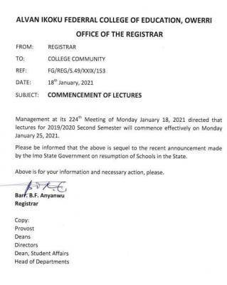 Alvan Ikoku COE notice on commencement of lectures