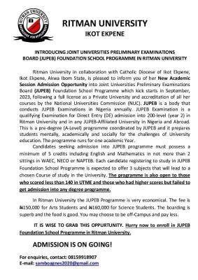 Ritman University in affiliation with Catholic Diocese of Ikot Ekpene introduces JUPEB Programme