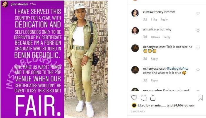 Lady Reportedly Denied Her NYSC Certificate For Schooling in Benin Republic