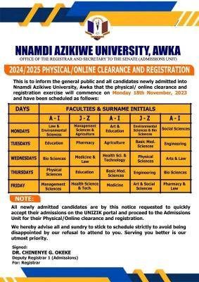 UNIZIK notice of physical clearance and registration for newly admitted students, 2024/2025