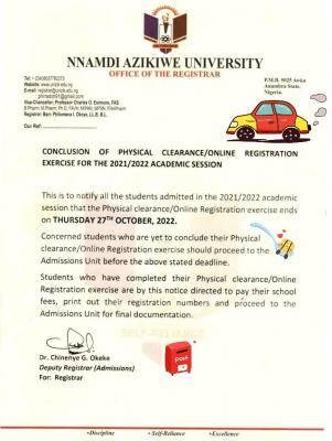 UNIZIK notice on physical & online registration deadline, 2021/2022