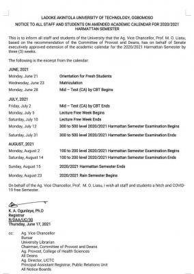 LAUTECH amended academic calendar for 2020/2021 session