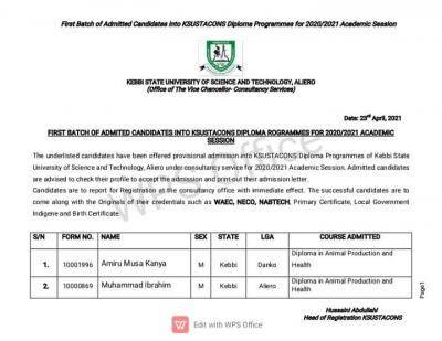 KSUSTA diploma admission list, 2020/2021