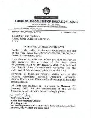 Aminu Saleh College of Education extends resumption date