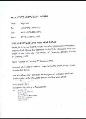 ABSU announces Christmas and New Year Break