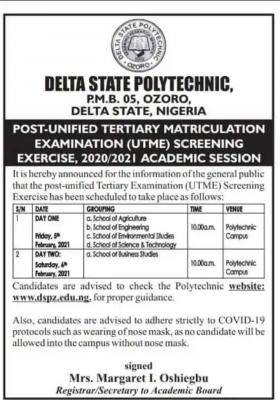Delta State Polytechnic, Ozoro Post-UTME screening schedule, 2020/2021