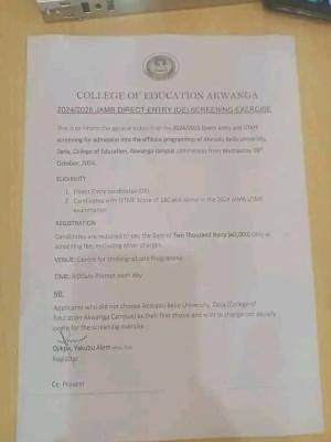 College of Education Akwanga announces DE screening exercise, 2024/2025