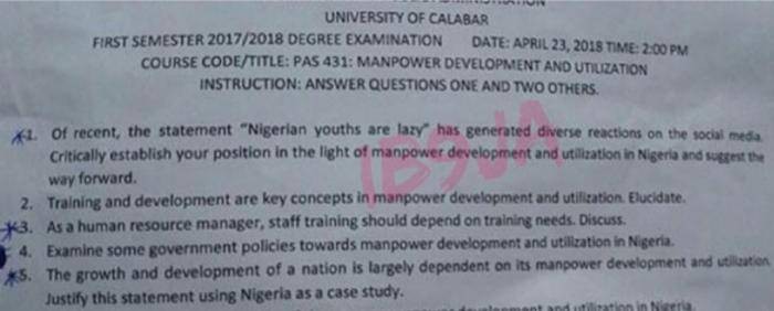 "Nigerian Youths Are Lazy" Appears In UNICAL Semester Exam Questions