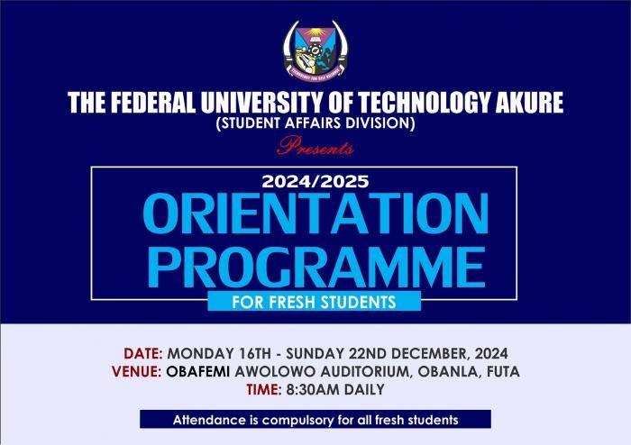 FUTA announces orientation programme for 2024/2025 session