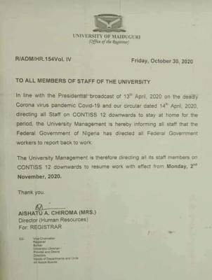 UNIMAID announces resumption for staff of the university