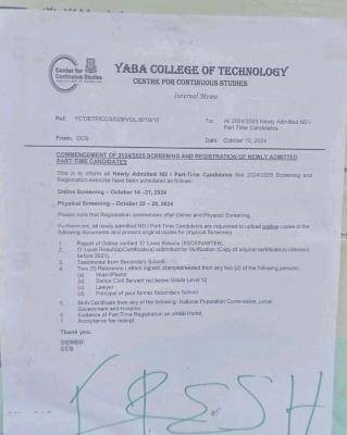 YABATECH notice on screening & registration for ND Part-time candidates, 2024/2025