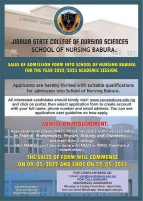 Jigawa State College of Nursing Sciences admission, 2022/2023