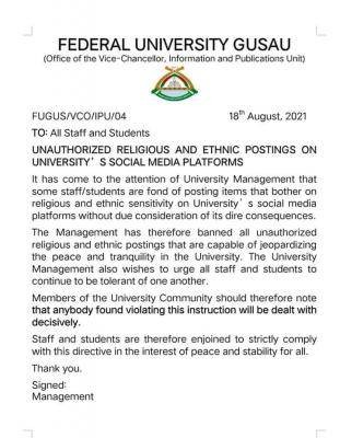 FUGUSAU bans posting of unauthorized religious and ethnic posts on University's platform