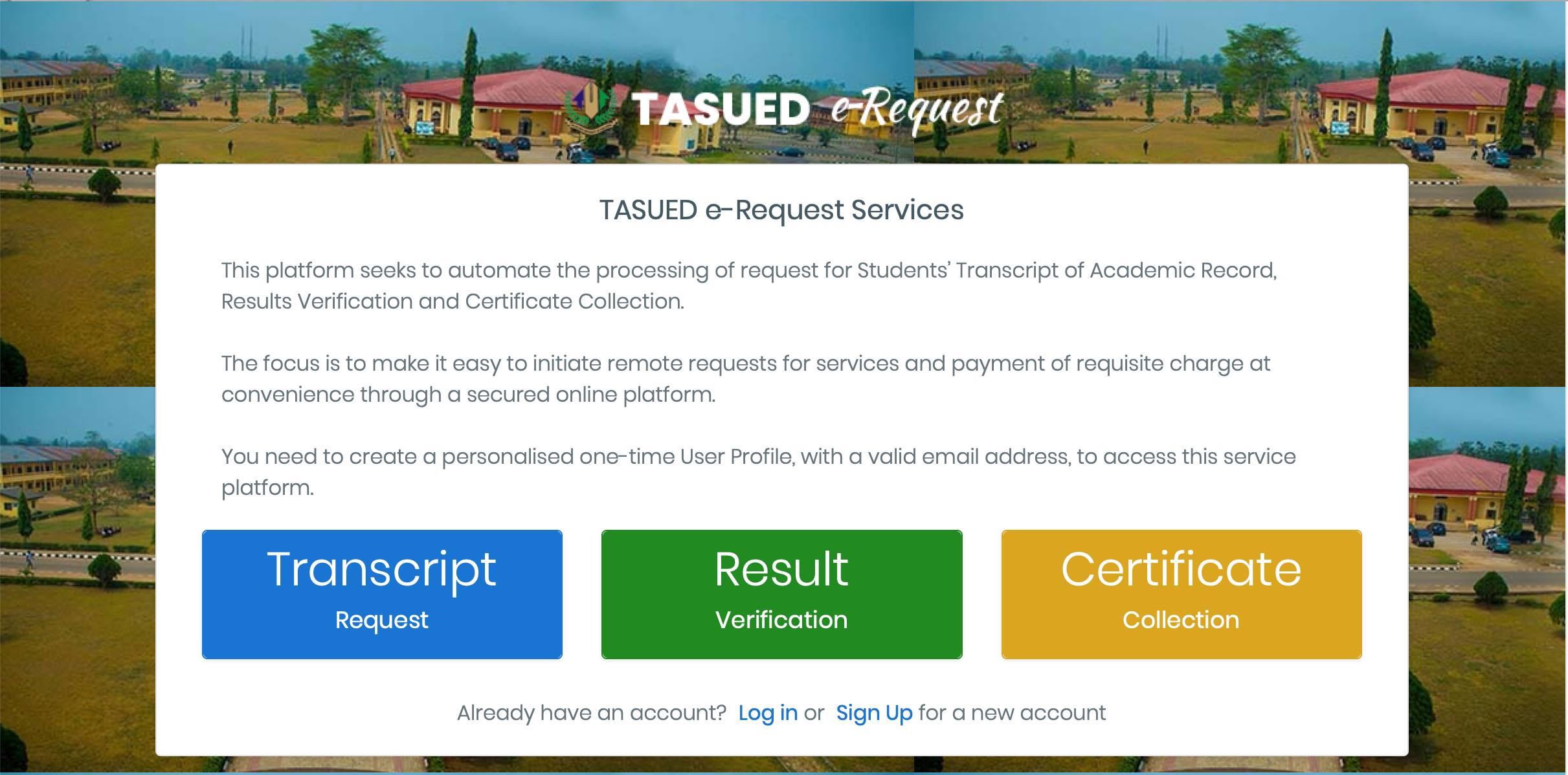 TASUED Portal for Transcript, Results Verification and Certificate Requests