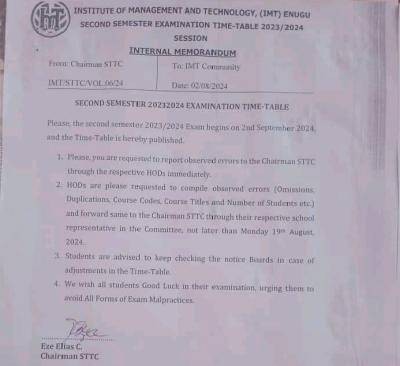 IMT Enugu releases 2nd semester exam timetable, 2023/2024