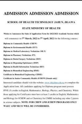 School of Health Technology, Jigawa application form, 2022/23