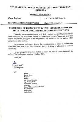 OYSCATECH notice to HND I students on submission of transcripts