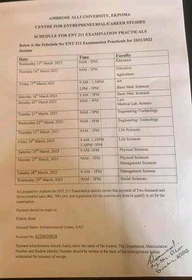 AAU schedule for ENT 211 examination practicals, 2021/2022