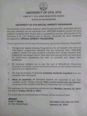 UNIUYO special amnesty programme for students admitted in 1999/2000 session