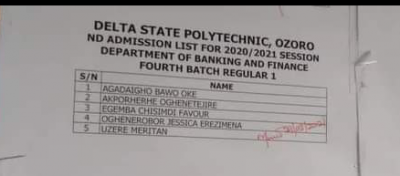 Delta State Poly, Ozoro ND regular 4th batch admission list, 2020/2021