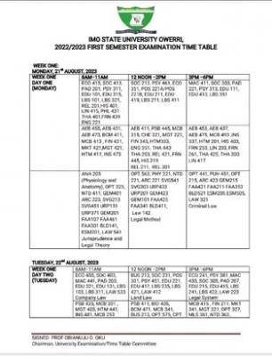 IMSU first semester examination timetable, 2022/2023 session