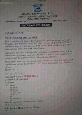 Adamu Tafawa College of Education announces resumption date for staff