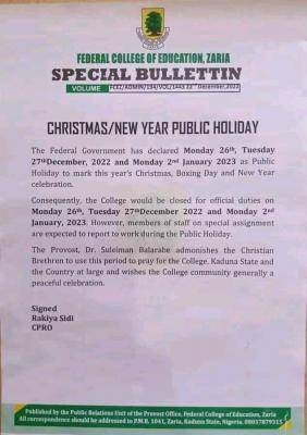 FCE Zaria notice on Christmas/New Year public holiday