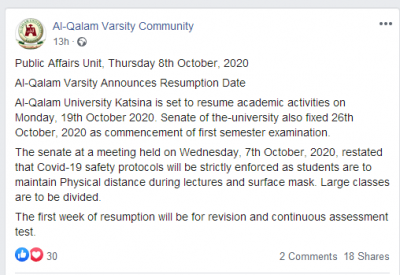 Al-Qalam University announces resumption date