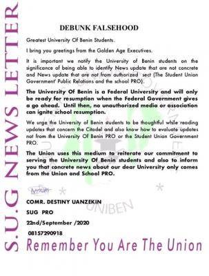 UNIBEN Students' Union Government debunks resumption rumour